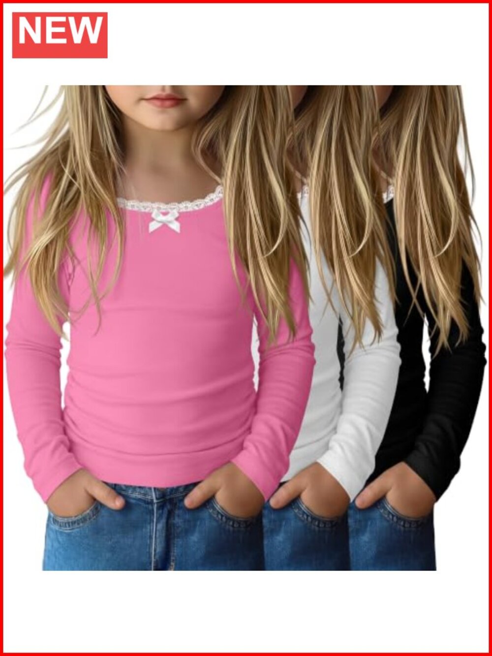 Toddler Girls Long Sleeve Lace Trim Shirts 3 Pack U Neck Slim Fit